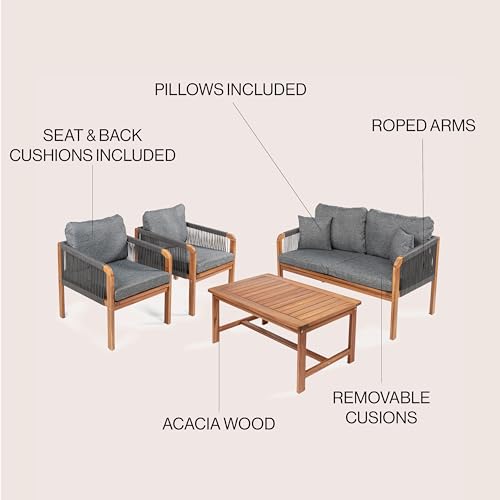 Jonathan Y LVG1202C-4SET Tavira 4-Piece Modern Bohemian Acacia Wood Outdoor Patio Set With Cushions And Plain Decorative Pillows Coastal thumb #2