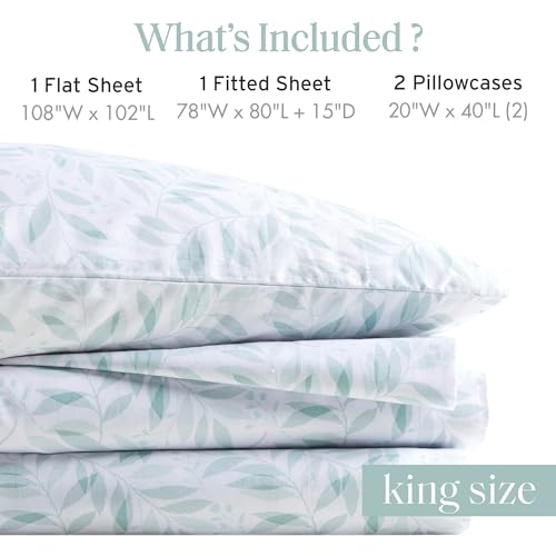 Image of Madison Park 100% Cotton Sheets, King Size, 200TC, Green Leaves, 4 Piece