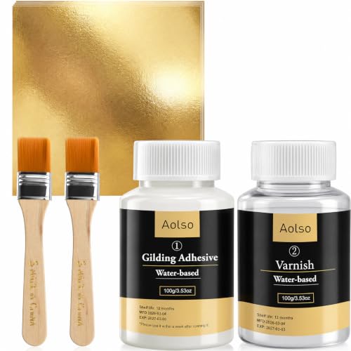 Aolso Blattgold Kleber Set 100 ml wasserbasierter Metallblattkleber und 100 ml Lack zum Basteln Blattgoldblätter 100 Stück mit 2 Pinsel zum Basteln Malen und professionellen Bastelgebrauch