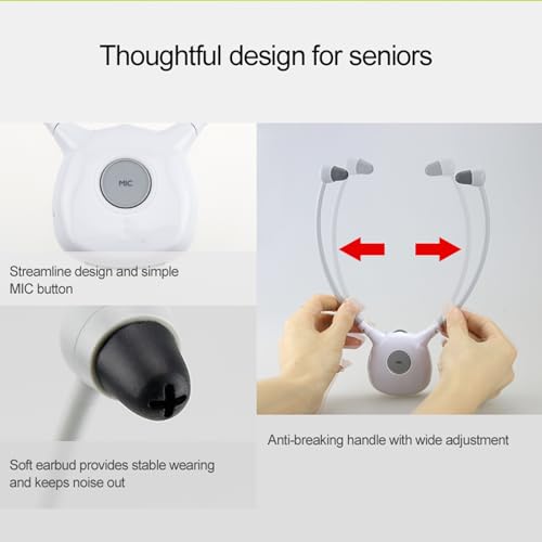 Close-up showing the soft earbud, MIC button, and adjustable anti-breaking handle of the Jectse Wireless TV Headphones.