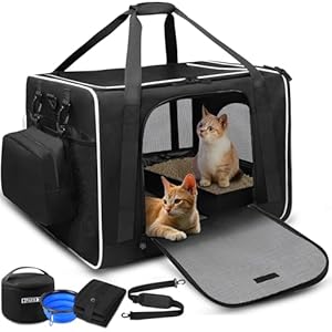 24″x17″x17″ Pet Carrier for Large Cats or Medium Dogs – Car Travel Carrier with Litter Box, Bowl, and Locking Zipper
