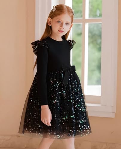 Girl Tulle Dresses Long Sleeve Sequins Girls Tutu Dress Fall Winter Cute Ruffle Holiday Party 4-12Y2