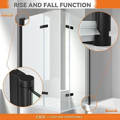 CKB Pivot Tub Shower Door, 35“ W × 55” H, 1/4" SGCC Tempered Glass with Easy Clean, Reversible, 180 Degree Rotation and Bifold, Matte Black