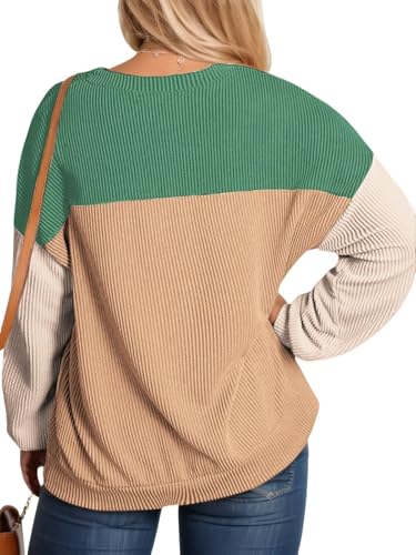 Image of Plus Size Tops for Women Fall Casual Striped Ribbed Shirts Loose Fit Long Sleeve Tunic Green Orange XL