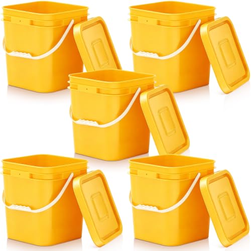 Image of Mumufy 5 Pcs 3.5 Gallon Square Food Grade Bucket with Lid Square Bucket Pail Plastic Handles for Long Term Food Storage, Camping, Fishing, Home Organization Easy Stack and Store (Yellow)