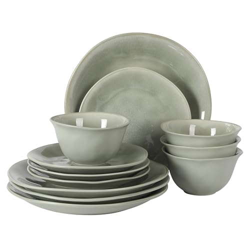 Image of Gibson Elite Port Barton Plates and Bowls Sets, 12-Piece Stoneware Dinnerware Sets, Reactive Glaze Dish Set - Green
