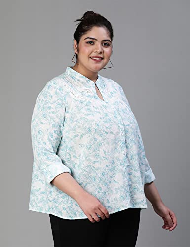 Image of oxolloxo Women Plus Size Floral Print Mandrain Collared Cotton Shirt