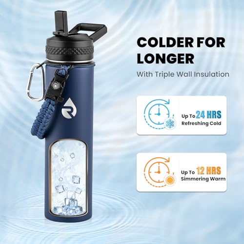 Image of RAYMYLO Insulated Water Bottle 24 oz, Triple Wall Vacuum Stainless Steel (Cold for 24Hrs, Hot for 12Hrs), Leak Proof & Non-BPA, Modern Water Flask Jug with Paracord Handle & Straw Spout Lids