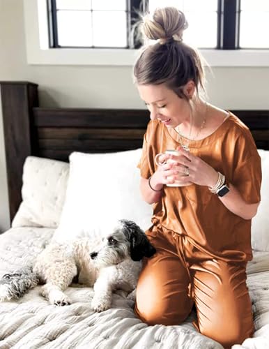 Image of Ekouaer Womens Satin Silky Pajama Set Short Sleeve Shirt with Long Pajama Pant Set Soft PJ Loungewear