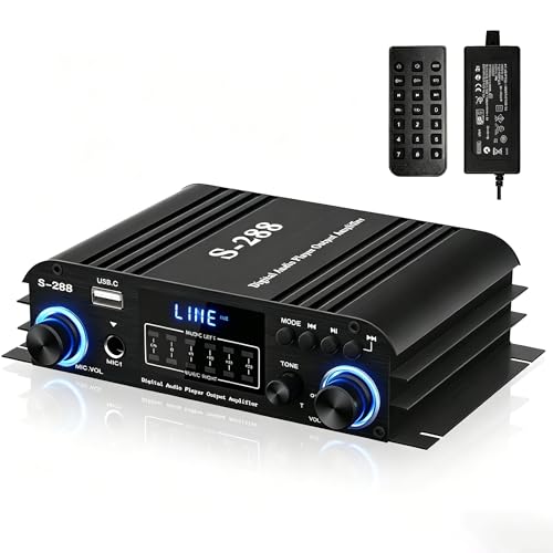 4 Channel Bluetooth 5.0 Stereo Amplifier 50Wx4 HiFi Power Amplifier 1200W Max USB/SD/FM Inputs Class D Audio Amp with Remote and Power Adapter for Home Theater & Karaoke