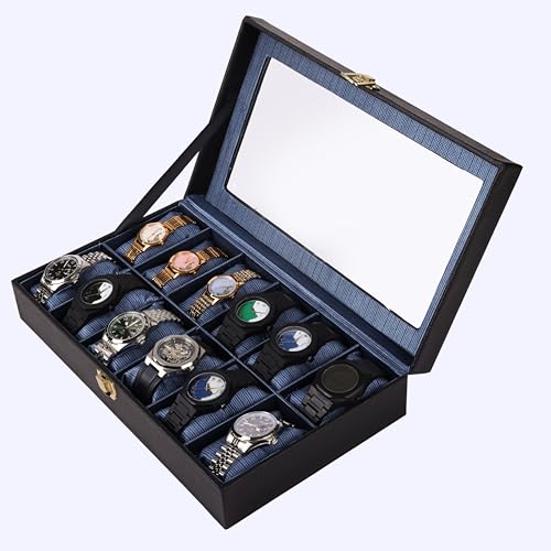 Image of Watch Organizer Case Box | PU Leather, Black & Blue Finish, Transparent Top