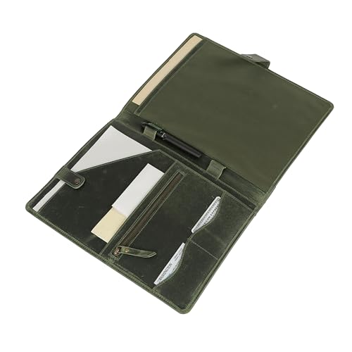 Image of KomalC Leather Portfolio Folder with Button Closure | Business Padfolio for Professionals | Vintage Organizer with Legal Pad Holder, Card Slots & Document Pockets (Green)