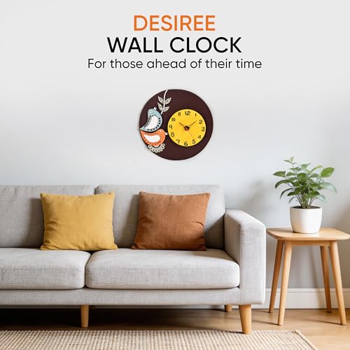 Image of AAKRITI ART CREATIONS Wall Clock Handcrafted Wooden Tribal Art with Birds Motif Brown | Wall Clock for Home, Home Decoration | Floral Art Wall Hanging, Lightweight Wooden wall Decor, Matte Finish