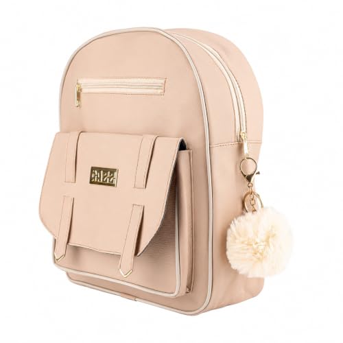 Mochila Feminina Pequena Casual com Bolso Frontal Zíper e Chaveiro de Pompom (Creme, médio)