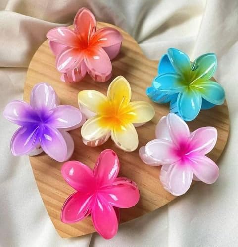 2 Pcs Large Flower Hair Clips for Thick Hair – Pink Yellow Blue Hawaiian Plumeria Claw Clips, Acrylic Summer Floral Hair Accessories for Women & Girls, Strong Hold Styling Barrettes Random Color