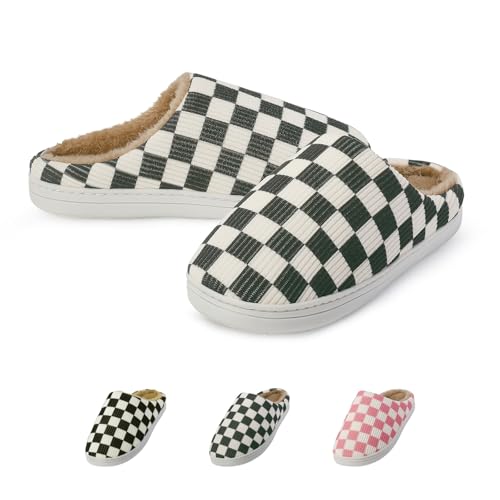 Slippers for Women Men with Memory Foam,Checkered Slippers for Women,Unisex Fuzzy House Shoes Slippers Outdoor Indoor,Plaid Scuff Slides,Comfy Slipper with Faux Fur Lining