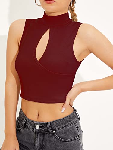 Image of Shasmi Women's & Girl's Black and Maroon Solid Ribbed High Neck Stand Collar Sleeveless Slim Fit Cut Out Tank Tops (Top 43)