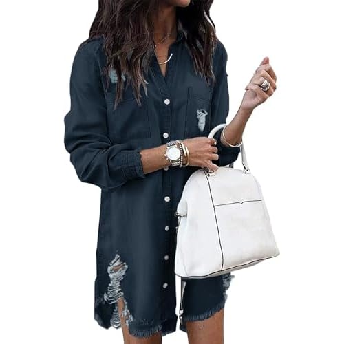 Zilcremo Women Denim Shirt Dresses Long Sleeve Distressed Jean Dress Button Down Casual Tunic Top Small Ripped Darkblue