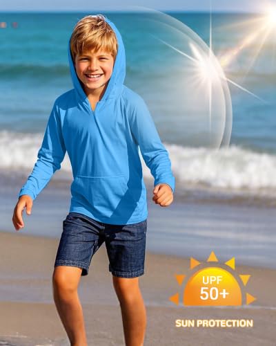 Image of Boys Rash Guard Long Sleeve Hoodie Swim Shirt with Pocket Youth Kids UPF 50+ Sun Protection Fishing Shirts Thumb Hole