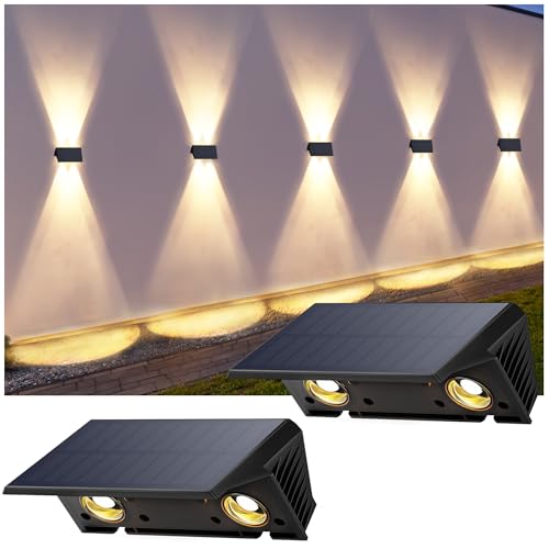IIRARA wandleuchte solar außen solar wandleuchte aussen solarlampen Nach Oben und Unten Beleuchtet 4 LEDs IP67 Wasserdichte Solarleuchte für Garten Balkon Terrasse Treppen Warmweiß 2er