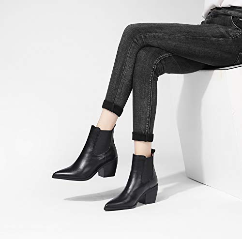LEHOOR Women's Western Stacked Block Heel Ankle Booties Pointed Toe Mid Chunky Heel Chelsea Short Dress Boots Pull On Elastic 4-11 M US4