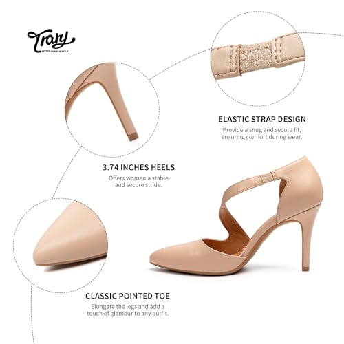 Trary Heels for Women Dress Closed Pointed Toe Stilettos High Heels Comfortable D'Orsay Pumps with Elastic Straps Sexy Slip On Shoes for Work Office Wedding Party4