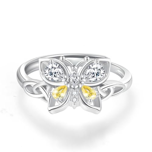 Butterfly Rings 925 Sterling Silver with Celtic Knot Adjustable Band Butterfly Ring Sparkling Cubic Zirconia Jewelry Promise Wedding Butterfly Jewelry Gifts for Women Wife Mother Friends