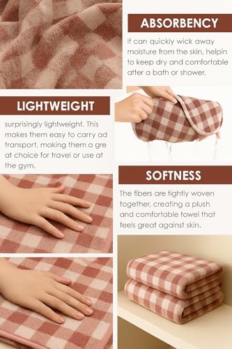 Image of Cortina Checks Printed Microfiber Towels for Bath Large Size-Super Soft Coral Fleece Bathing Towel with Hook Quick Dry Super Absorbent-Bath Towel for Men and Women-70x140 cm [Red]