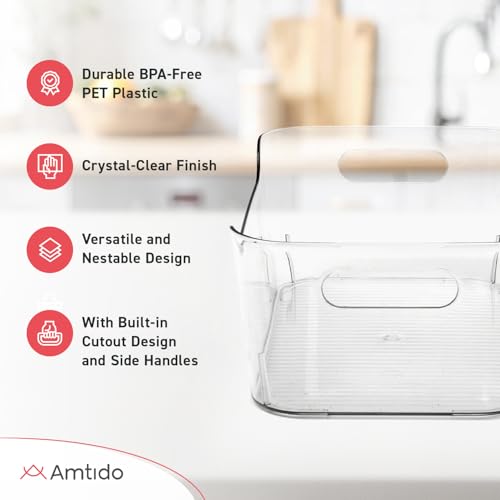 Amtido Clear Plastic Organiser Storage Medium, 4 Pack (24.5 x 10.5 x 17.2 cm) – Durable BPA-Free PET Fridge Organisers with Handles - Nestable Tray Storage for Kitchen, Fridge, Pantry, Bathroom - Image 5