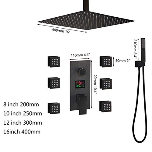 Robinet de douche à température noire avec pomme de douche plafond et système massage jets