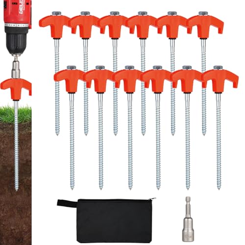 12 Pack Screw in Tent Stakes Heavy Duty,8 Inch Ground Anchors Screw in,Metal Stakes with Hex Head Driver,Camping Tent Accessories.(Orange)