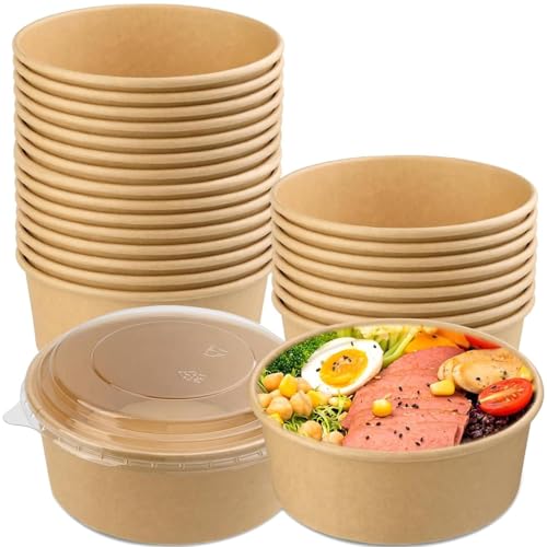 Image of 750 ML Round Brown Paper Food Container with Lids, Disposable Take Out Storage Box for Hot /Cold Foods, Party Supplies for Soup, Salad, Dessert, Pasta, Noodles (20 pcs)