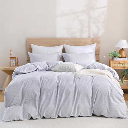 Image of TOCOMOA Blue Striped Duvet Cover Bedding Set 100% Washed Cotton Like Linen Feel Super Soft Comfy 3 Piece Pinstriped Comforter Cover Set (Queen 90 inchx90 inch, Comforter Not Included)
