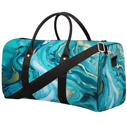 Abstract Teal And Blue Marble Print Travel Duffel Bag Sports Tote Gym Bag Waterproof Tear-Resistant Carry On Overnight Bag Foldable Weekender Bag for Gym Travel Getaway Beach Sports