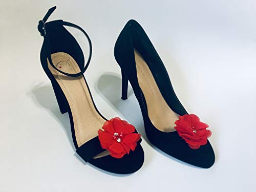 Red Detachable Chiffon And Rhinestone Flower Shoe Clips Set Of 2 #TOP1