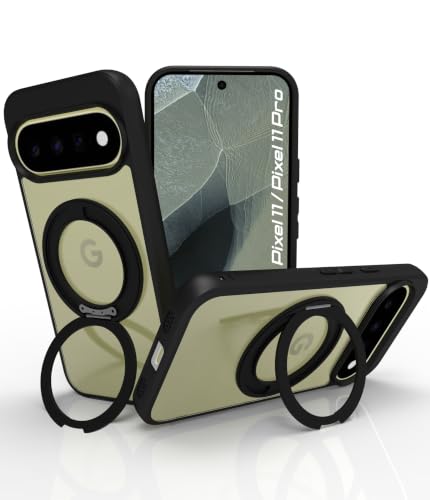 Image of RIGGEAR Shockproof Sleek Hybrid Armor 360 Rotating Magnetic Ring Stand Back Cover Case Compatible with MagSafe Accessories for Google Pixel 11 / Pixel 11 Pro (Clear PC + Black TPU Bumper)