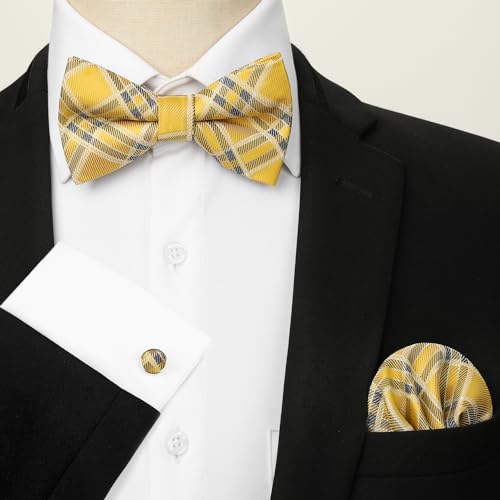 Image of HISDERN Mens Plaid Bow Tie Set Pocket Square and Cufflinks Bowtie | Pretied Bowties Design for Easy Wear,Check Pattern,Matching Handkerchief Cuff Link,3PCS Set Wedding Formal Party Groom Prom