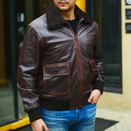 Image of Jild Navy G-1 Real Leather Bomber Jacket Men with Removable Fur Collar - Vintage Flight Aviator Leather Jacket Men