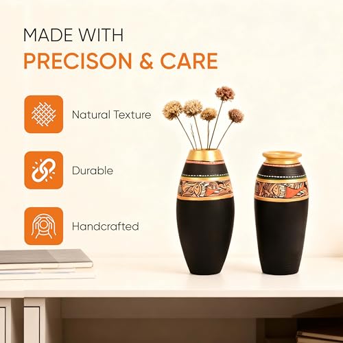 Image of Aakriti Art Creations Vase Earthen Black Madhubani Set of 2 | Hand-Painted Terracotta Flower Vases | Matte Finish Decorative Vases for Living Room, Table Decor & Gifting