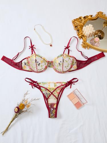Image of Lilosy Sexy Underwire Cute Push Up Strappy Embroidered Mesh Sheer Lingerie Set See Through Panty Bra