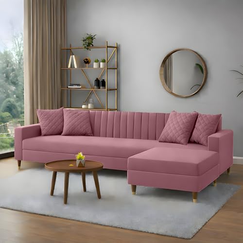 Image of AMATA Elegant 4 Seater L Shape Mauve Colour Suede Velvet Fabric Sofa Set with Four Cushions Perfect for Home Office Guests Living Room (02 Move, L Shape)(3 Year Warranty)