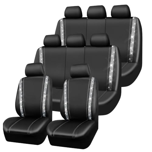 Image of CAR PASS Bling Diamond Leather Car Seat Covers 8 Seats 3 Rows,Black Silver