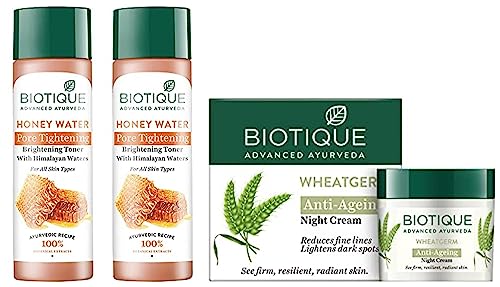 Image of Biotique Honey Water Pore Tightening Toner, 120ml (Pack Of 2) & Biotique Wheat Germ Anti- Ageing Night Cream Reduces Fine Lines Lightens dark Spots, 50g