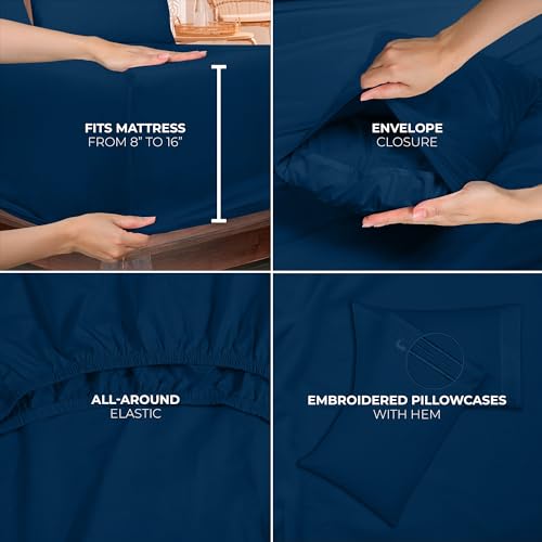 Image of ROYALE LINENS 3 Piece Twin Sheets Set - Soft Brushed 1800 Microfiber Bedding - 1 Fitted and 1 Flat Sheet, 1 Pillow case - Wrinkle Free & Fade Resistant - Hotel Luxury Bed Sheets Set (Navy, Twin)