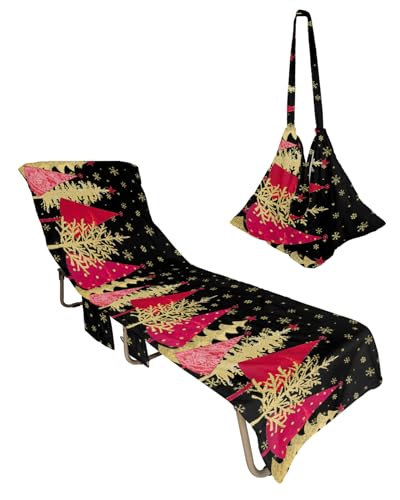 Red Yellow Christmas Tree Beach Lounge Chair Towel Cover, Soft Chaise Lounge Towel with Side Pockets Patio Pool Chairs Cover for Beach/Pool Sunbathing 29x85 Xmas Snowflake Classic Black