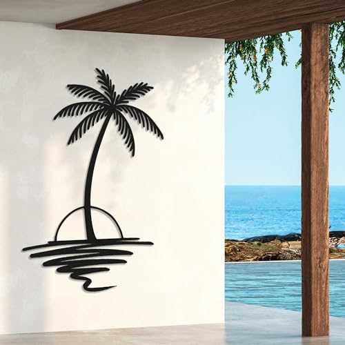 Metal Palm Tree with Sunset Wall Art, Large Outdoor Wall Decor, Tropical Beach Decor for Living...