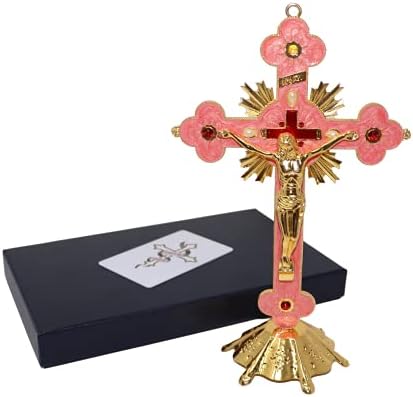 Christian Holy Cross Crucifix With Gold Metal Stand Table Home Altar Jesus Christ Gift (Small 13.5 x 8.5cm)
