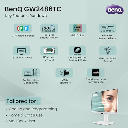 BenQ GW2486TC 24" IPS 100Hz Full HD Coding Monitor |USB-C(65W PD)| Daisy Chain| 99% sRGB| Coding Mode| Height Adjust|HDMI| DP| USB Hub| 2Wx2 Speakers| Eye Care| Noise Cancelling Microphone (White) view 2