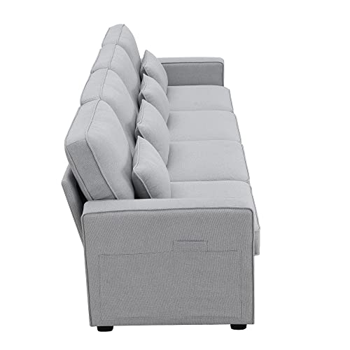 Kevinplus 104" Sectional Sofa Couch For Living Room, Modern 4-Seater Upholstered Sofa Contemporary Couch With Armrest Pockets & 4 Throw Pillows For Apartment Office, Linen Fabric, Light Grey #TOP5