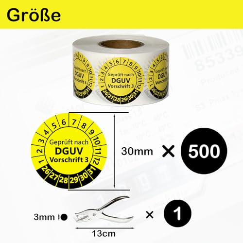 DGUV V3 Prüfplaketten Set mit Lochzange | 500 Stück Ø30mm Gelb, Selbstklebend 2026-2031 + Handlocher 3mm (φ30mm,500)
